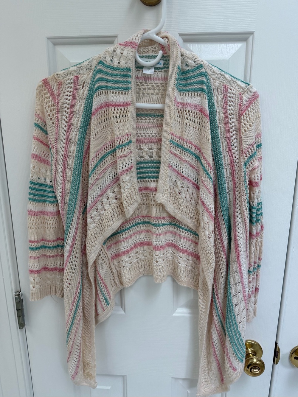 Garnet Hill Cream Open-Front Cardigan with Pink and Teal Stripes